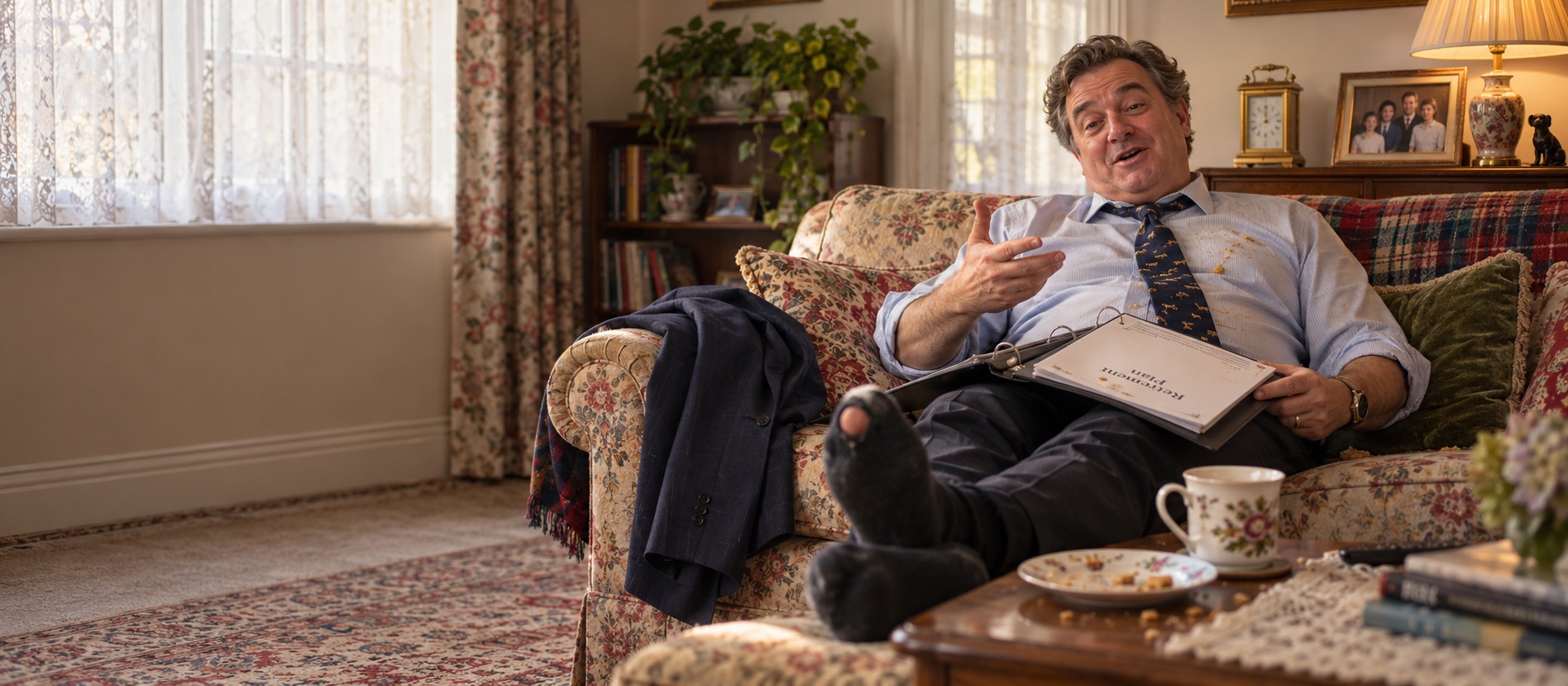 Derek, an estate planner, sitting on somebody else's sofa with his shoes off, his folder upside down and an empty plate of biscuits